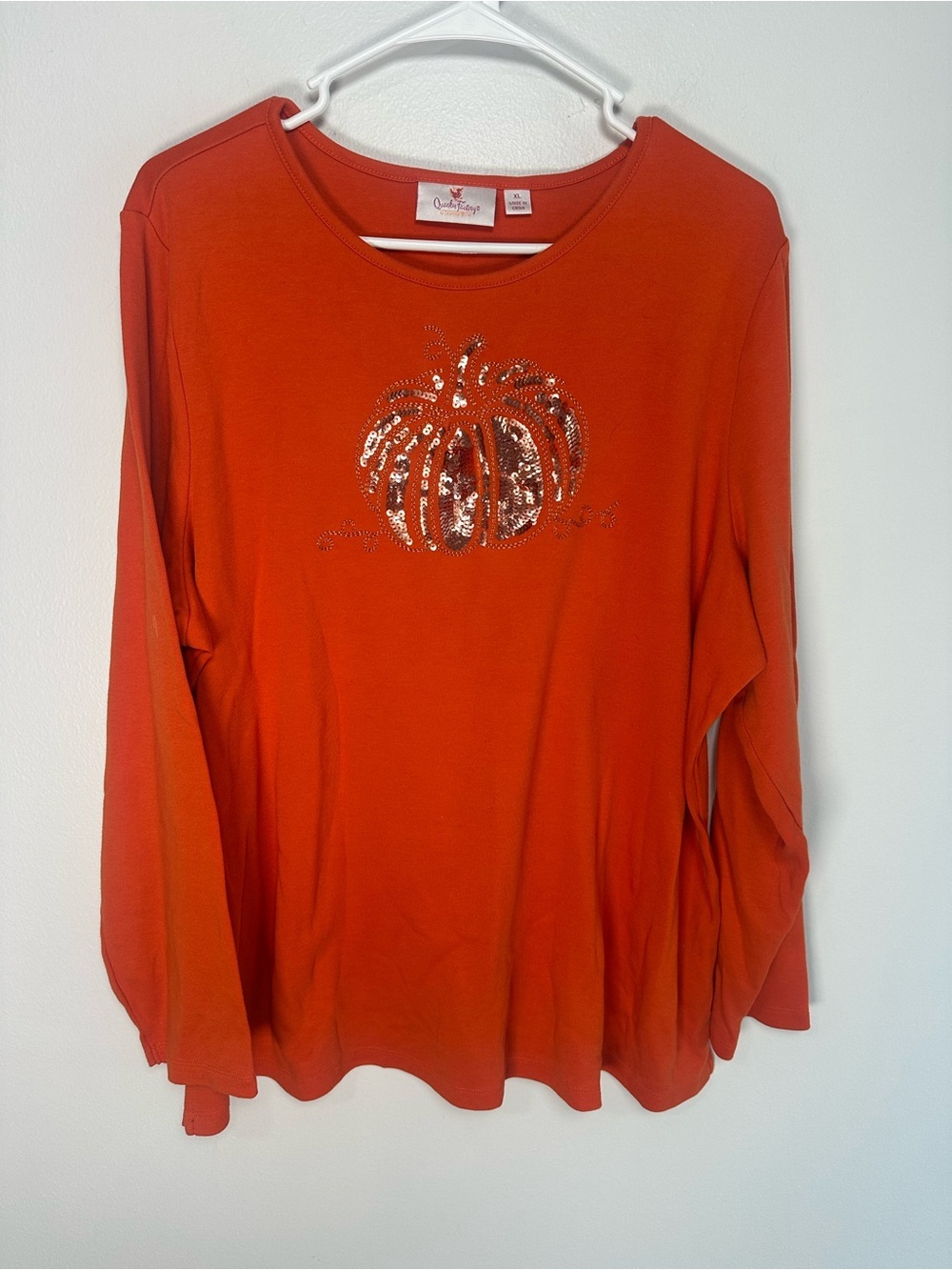 Quacker Factory Orange Crewneck Top with Embroidered Sequin Pumpkin Sz XL fall